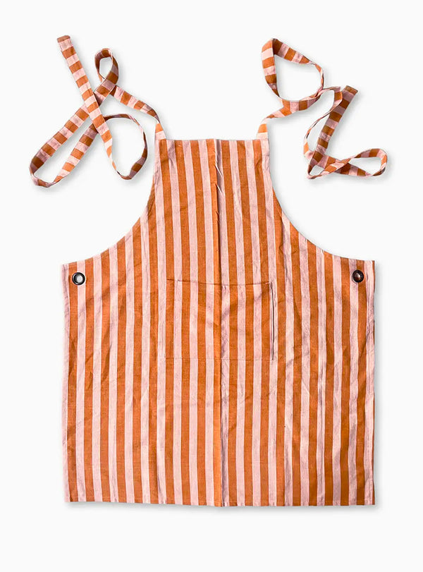 Tablier en coton - rayures ocre & rose pâle