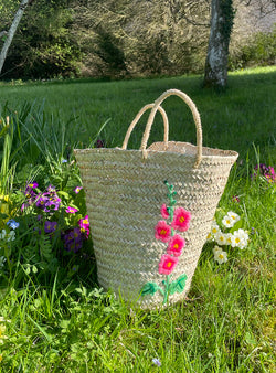 Woven palm basket - Hollyhock embroidery