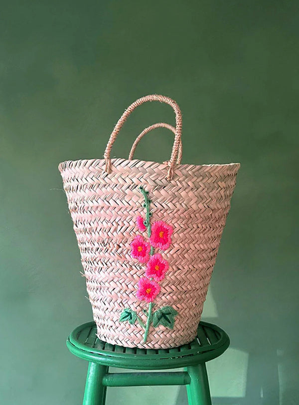 Panier en palme tressée - Broderie Rose tremière