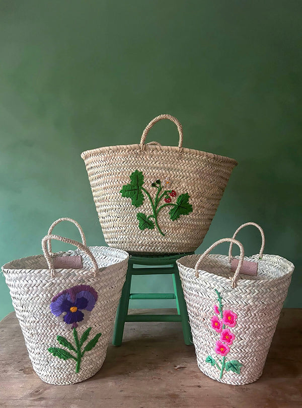 Woven palm basket - Wild strawberry embroidery